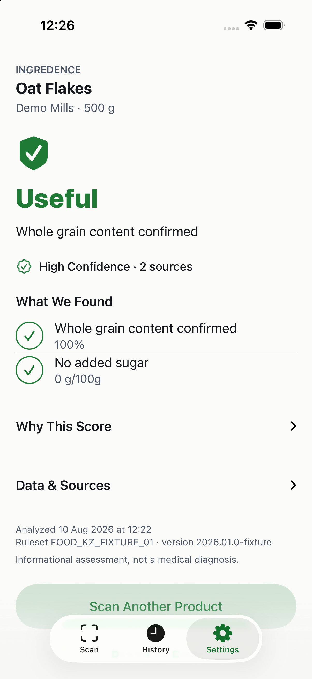 Useful verdict in the native Ingredence app